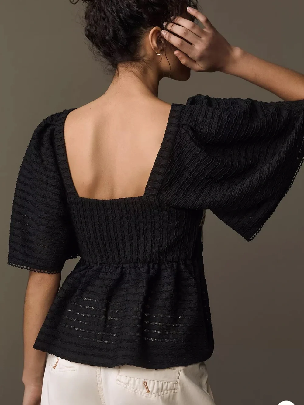 Anthropologie x Sarah Hann Flutter-Sleeve Crochet Top | Black & Cream | Size XS